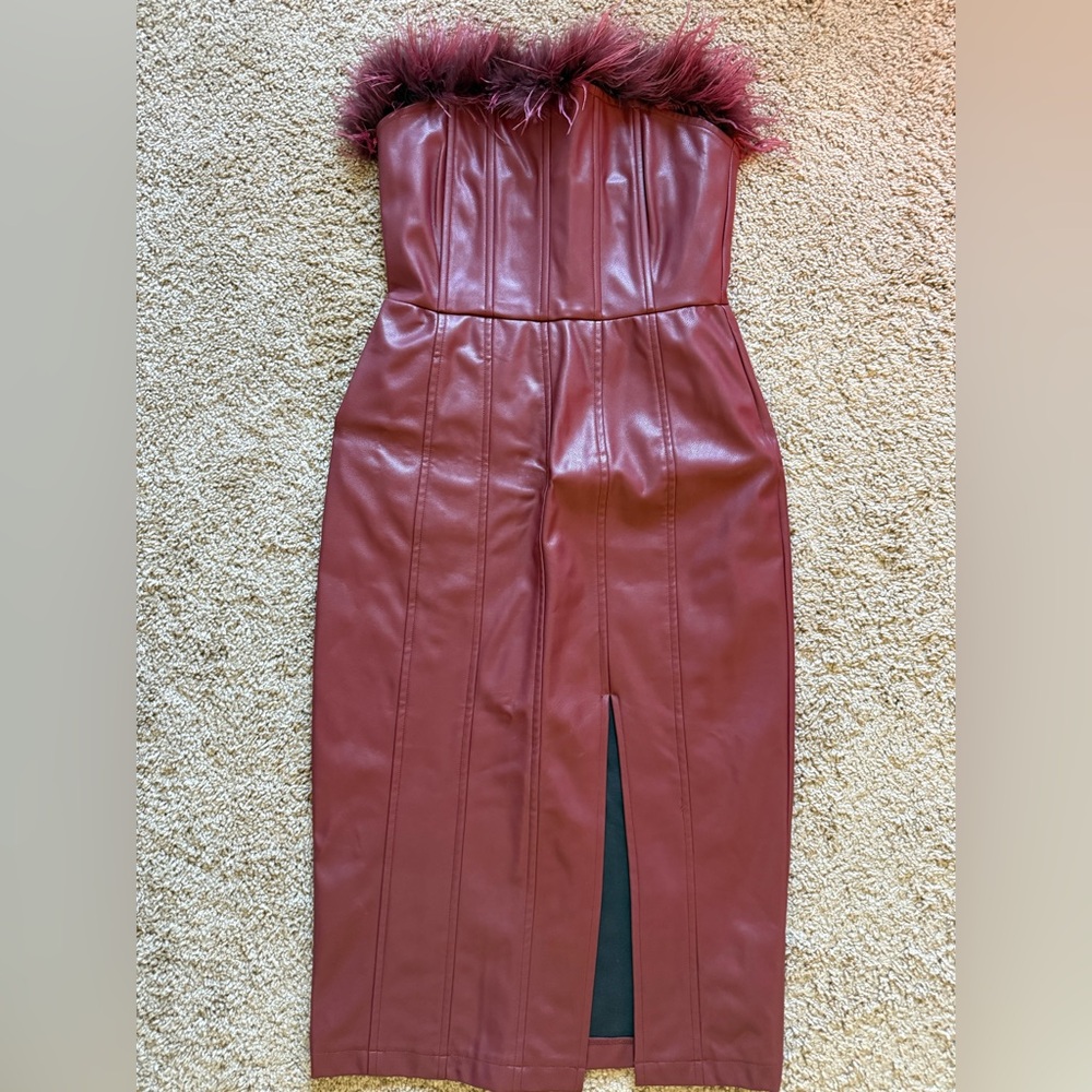 Fate Burgundy Faux Leather Midi Dress with Front Slit